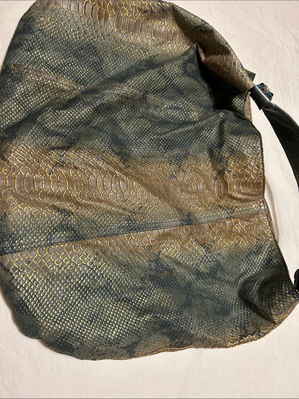 Snake-Embossed Hobo Bag in Olive and Gold - Picture 10 of 11